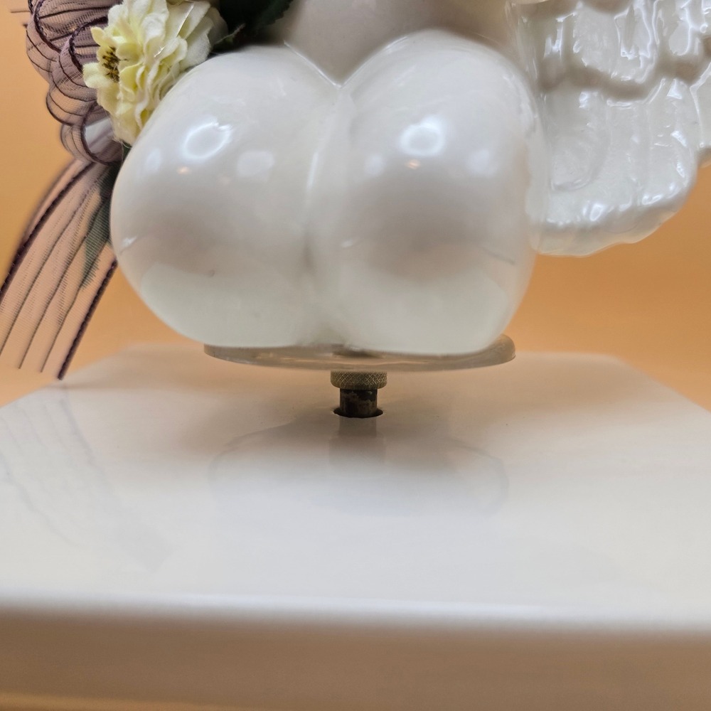 Vintage White Ceramic Rotating Cherub Angel Figurine on Pedestal with Flowers - Picture 7 of 16